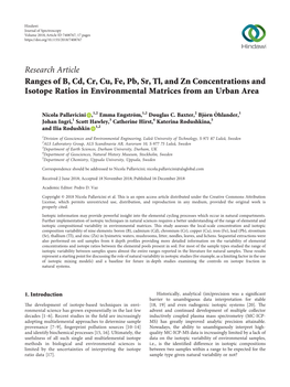 Ranges of B, Cd, Cr, Cu, Fe, Pb, Sr, Tl, and Zn Concentrations and Isotope Ratios in Environmental Matrices from an Urban Area
