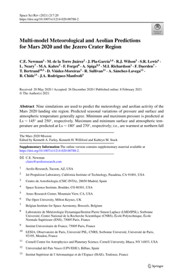 Multi-Model Meteorological and Aeolian Predictions for Mars 2020 and the Jezero Crater Region