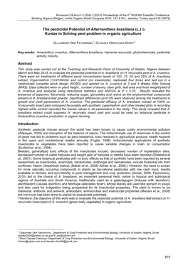 The Pesticidal Potential of Alternanthera Brasiliana (L.) O. Kuntze in Solving Pest Problem in Organic Agriculture