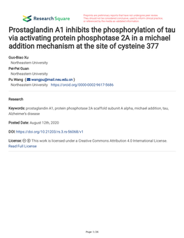 Prostaglandin A1 Inhibits the Phosphorylation of Tau Via Activating Protein Phosphotase 2A in a Michael Addition Mechanism at the Site of Cysteine 377