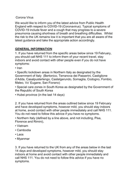 Corona Virus We Would Like to Inform You of the Latest Advice from Public Health England with Respect to COVID-19 (Coronavirus)