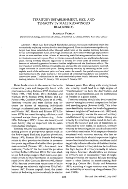 Territory Establishment, Size, and Tenacity by Male Red-Winged Blackbirds