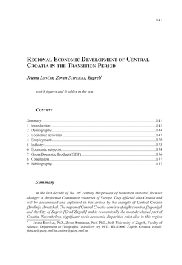 Regional Economic Development of Central Croatia in the Transition Period