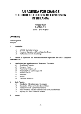 An Agenda for Change the Right to Freedom of Expression in Sri Lanka