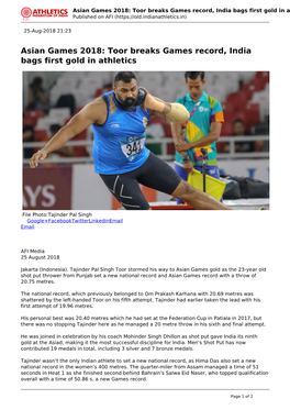 Asian Games 2018: Toor Breaks Games Record, India Bags First Gold in Athletics Published on AFI (