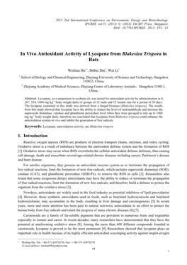 In Vivo Antioxidant Activity of Lycopene from Blakeslea Trispora in Rats