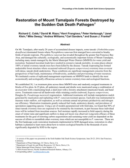 Restoration of Mount Tamalpais Forests Destroyed by the Sudden Oak Death Pathogen1