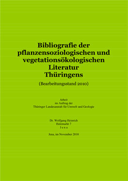 Bibliografie Der Pflanzensoziologischen Und Vegetationsökologischen Literatur Thüringens