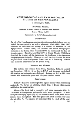 Morphological and Embryological Studies in Nymphaeaceae I