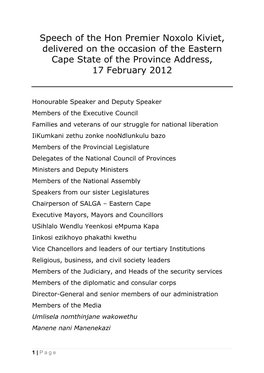 State of the Province Address, 17 February 2012