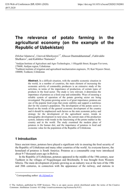 The Relevance of Potato Farming in the Agricultural Economy (On the Example of the Republic of Uzbekistan)