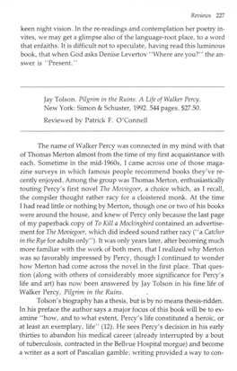 Jay Tolson. Pilgrim in the Ruins: a Life of Walker Percy