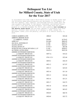 Delinquent Tax List for Millard County, State of Utah for the Year 2017