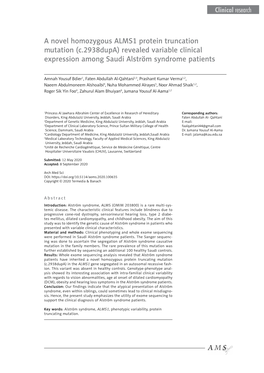 A Novel Homozygous ALMS1 Protein Truncation Mutation (C.2938Dupa) Revealed Variable Clinical Expression Among Saudi Alström Syndrome Patients