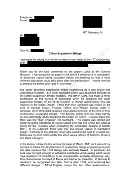 Letter Response on the Clifton Suspension Bridge