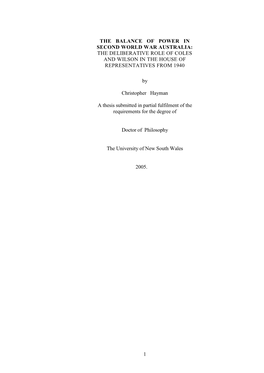 1 the Balance of Power in Second World War Australia: the Deliberative Role of Coles and Wilson in the House of Repres