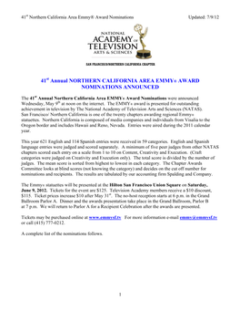 41 Annual NORTHERN CALIFORNIA AREA EMMY® AWARD NOMINATIONS ANNOUNCED