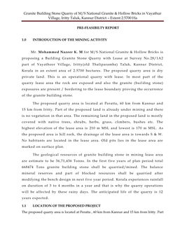 Granite Building Stone Quarry of M/S National Granite & Hollow Bricks in Vayathur Village, Iritty Taluk, Kannur District – Extent 2.5700 Ha