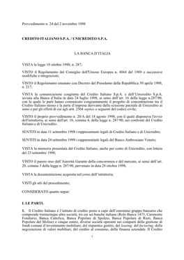 Provvedimento N. 24 Del 2 Novembre 1998 CREDITO ITALIANO S.P.A