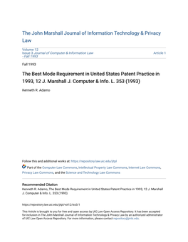 The Best Mode Requirement in United States Patent Practice in 1993, 12 J