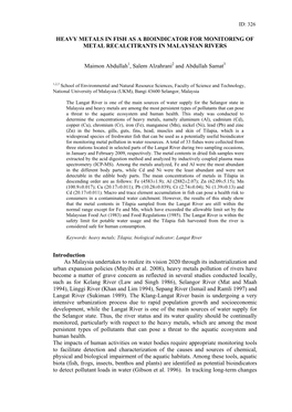 HEAVY METALS in FISH AS a BIOINDICATOR for MONITORING of METAL RECALCITRANTS in MALAYSIAN RIVERS Maimon Abdullah1, Salem Alzahra