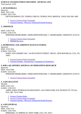 SCIENCE CITATION INDEX EXPANDED - JOURNAL LIST Total Journals: 9190