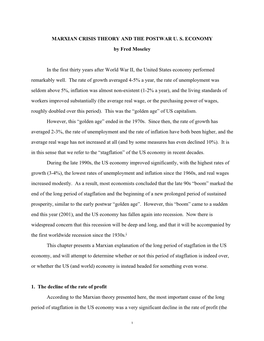 MARXIAN CRISIS THEORY and the POSTWAR U. S. ECONOMY by Fred Moseley in the First Thirty Years After World War II, the United