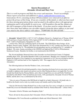 Known Descendants of Alexander Alvord and Mary Vore December 31, 2011 This Is a Work in Progress and Likely Has Errors and Omissions