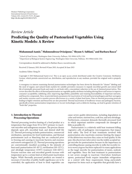 Review Article Predicting the Quality of Pasteurized Vegetables Using Kinetic Models: a Review