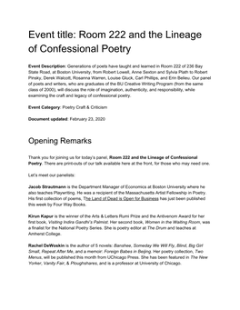 Event Title: Room 222 and the Lineage of Confessional Poetry