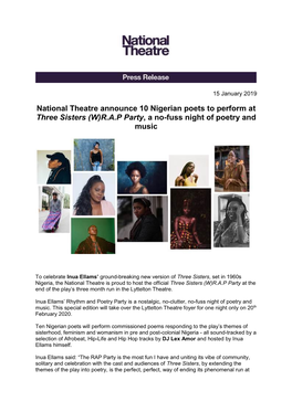 National Theatre Announce 10 Nigerian Poets to Perform at Three Sisters (W)R.A.P Party , a No-Fuss Night of Poetry and Music