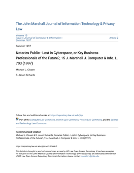 Notaries Public - Lost in Cyberspace, Or Key Business Professionals of the Future?, 15 J