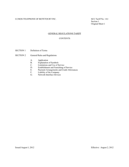 LUMOS TELEPHONE of BOTETOURT INC. SCC Tariff No. 1A1 Section 1 Original Sheet 1 GENERAL REGULATIONS TARIFF CONTENTS SECTION 1 De