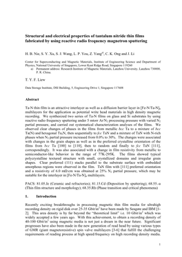 Structural and Electrical Properties of Tantalum Nitride Thin Films Fabricated by Using Reactive Radio Frequency Magnetron Sputtering