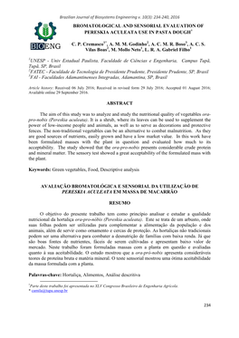 Bromatological and Sensorial Evaluation of Pereskia Aculeata Use in Pasta Dough†