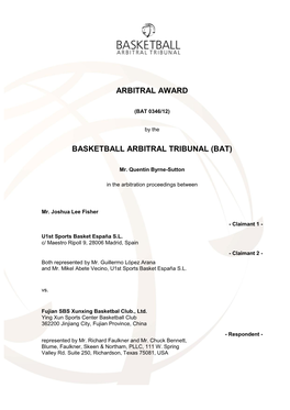 Arbitral Award Basketball Arbitral Tribunal (Bat)