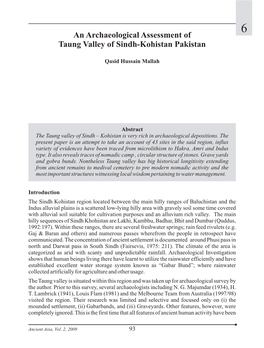 An Archaeological Assessment of Taung Valley of Sindh-Kohistan Pakistan