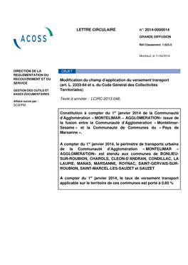 LETTRE CIRCULAIRE N° 20140000014 Modification Du Champ D'application Du Versement Transport