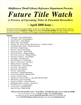 Future Title Watch a Preview of Upcoming Titles & Potential Bestsellers