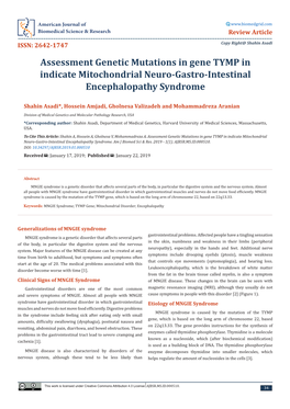 Assessment Genetic Mutations in Gene TYMP in Indicate Mitochondrial Neuro-Gastro-Intestinal Encephalopathy Syndrome