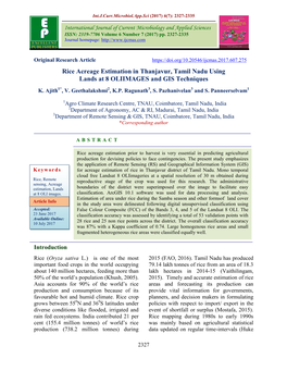 Rice Acreage Estimation in Thanjavur, Tamil Nadu Using Lands at 8 OLIIMAGES and GIS Techniques