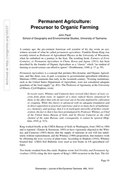 Permanent Agriculture: Precursor to Organic Farming