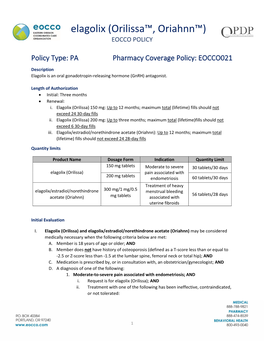 Elagolix (Orilissa™, Oriahnn™) EOCCO POLICY