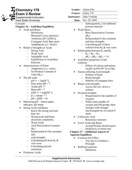 Chemistry 178 Exam 2 Review