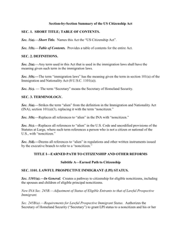 Section-By-Section Summary of the US Citizenship Act SEC. 1. SHORT