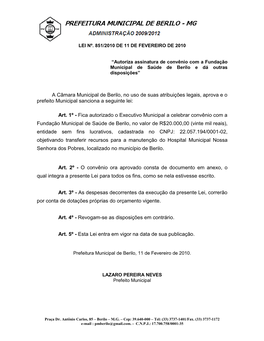 A Câmara Municipal De Berilo, No Uso De Suas Atribuições Legais, Aprova E O Prefeito Municipal Sanciona a Seguinte Lei