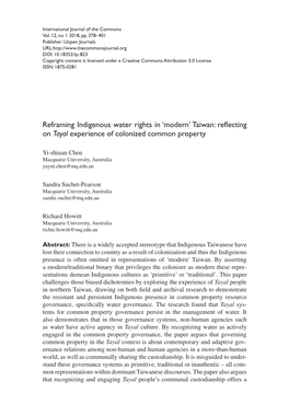 Reframing Indigenous Water Rights in ‘Modern’ Taiwan: Reflecting on Tayal Experience of Colonized Common Property