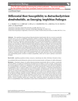 Differential Host Susceptibility to Batrachochytrium Dendrobatidis, an Emerging Amphibian Pathogen