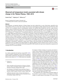 Observed Soil Temperature Trends Associated with Climate Change in the Tibetan Plateau, 1960–2014