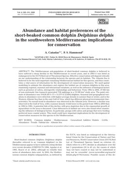 Abundance and Habitat Preferences of the Short-Beaked Common Dolphin Delphinus Delphis in the Southwestern Mediterranean: Implications for Conservation